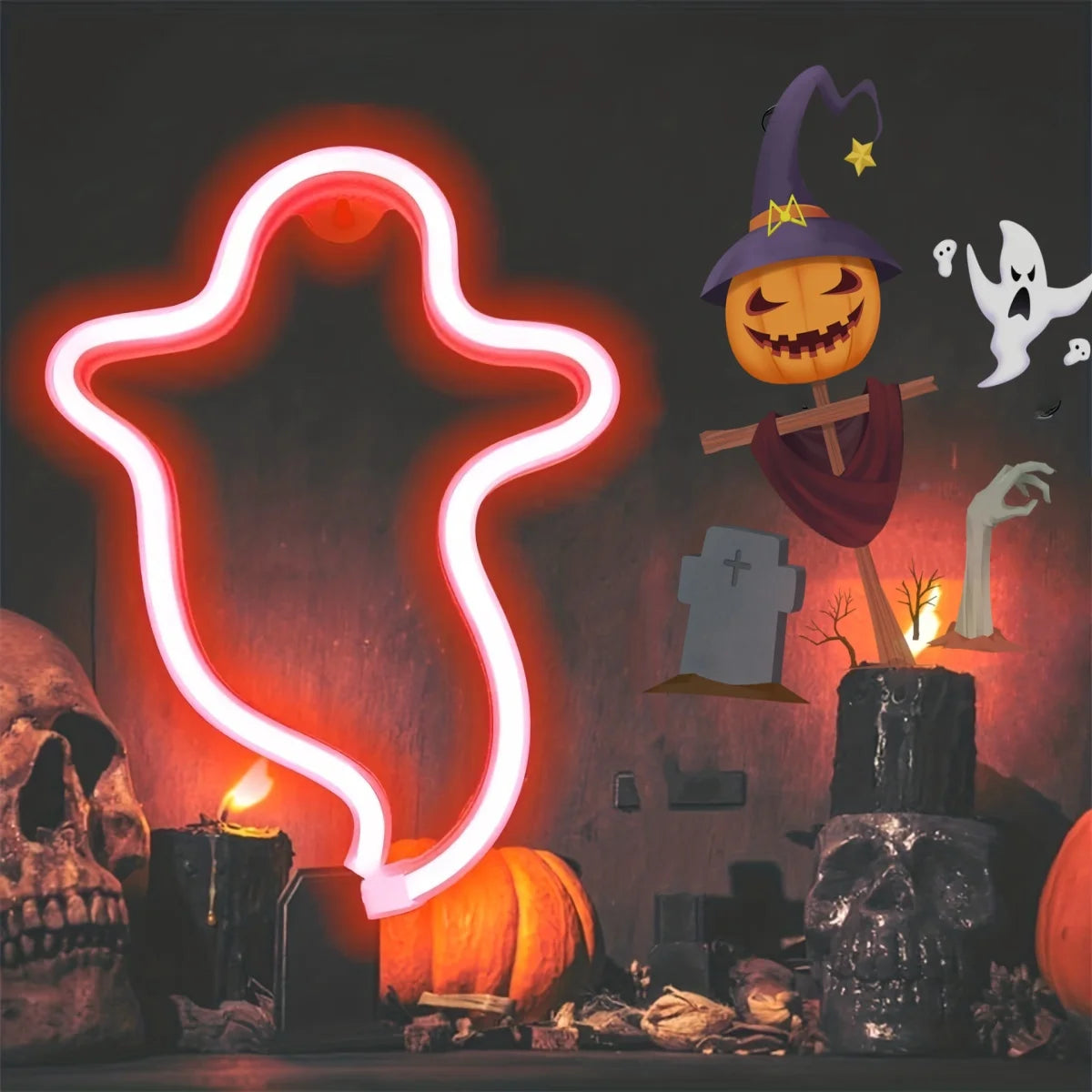 Halloween Néon LED – Déco Murale & Lumière d’Ambiance, USB ou Piles